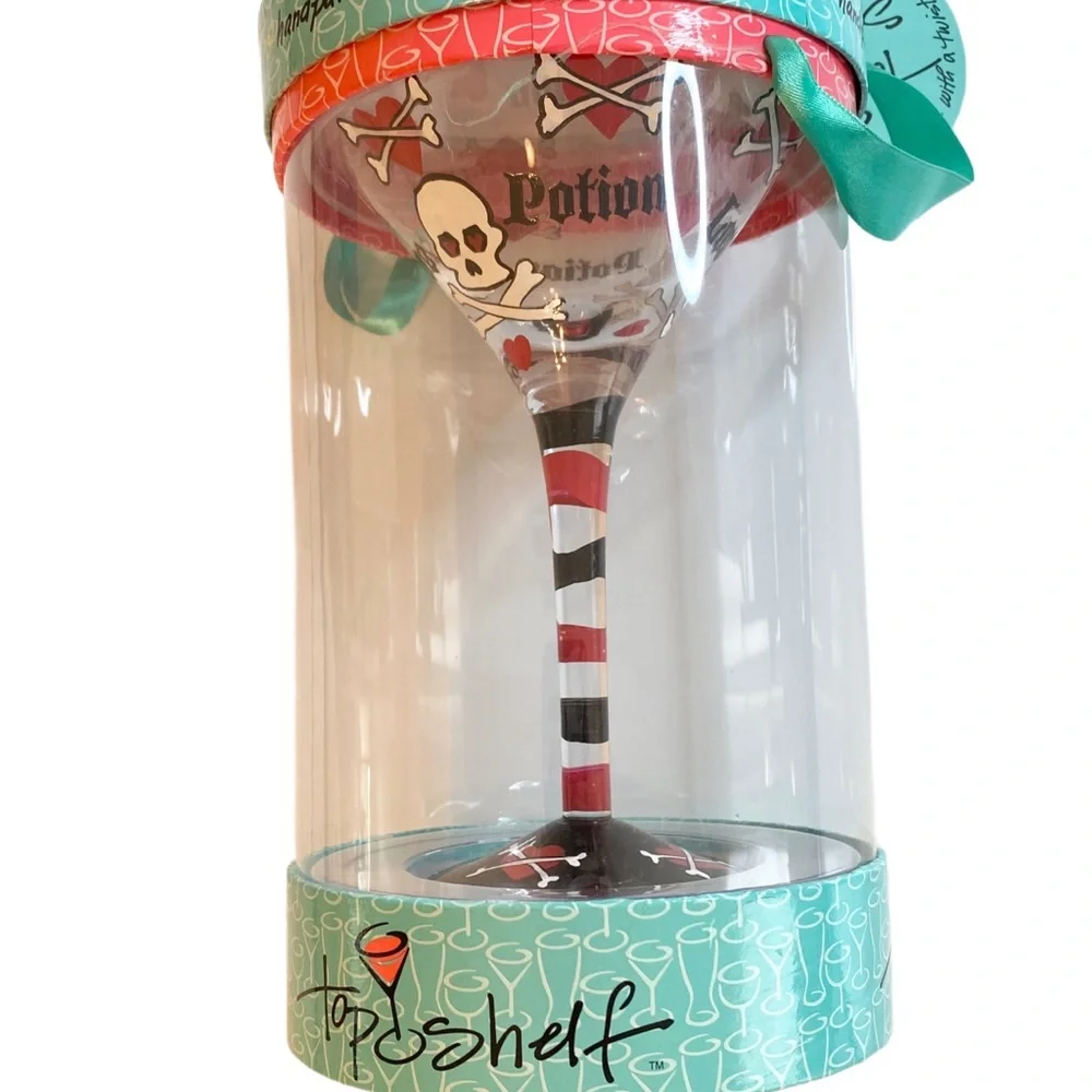 NIB Top Shelf Love Potion Hand Painted Skull & Crossbones Martini Glass